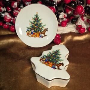 Papel Christmas Tree Dessert Plate And Trinket Box 'Happy Holidays'